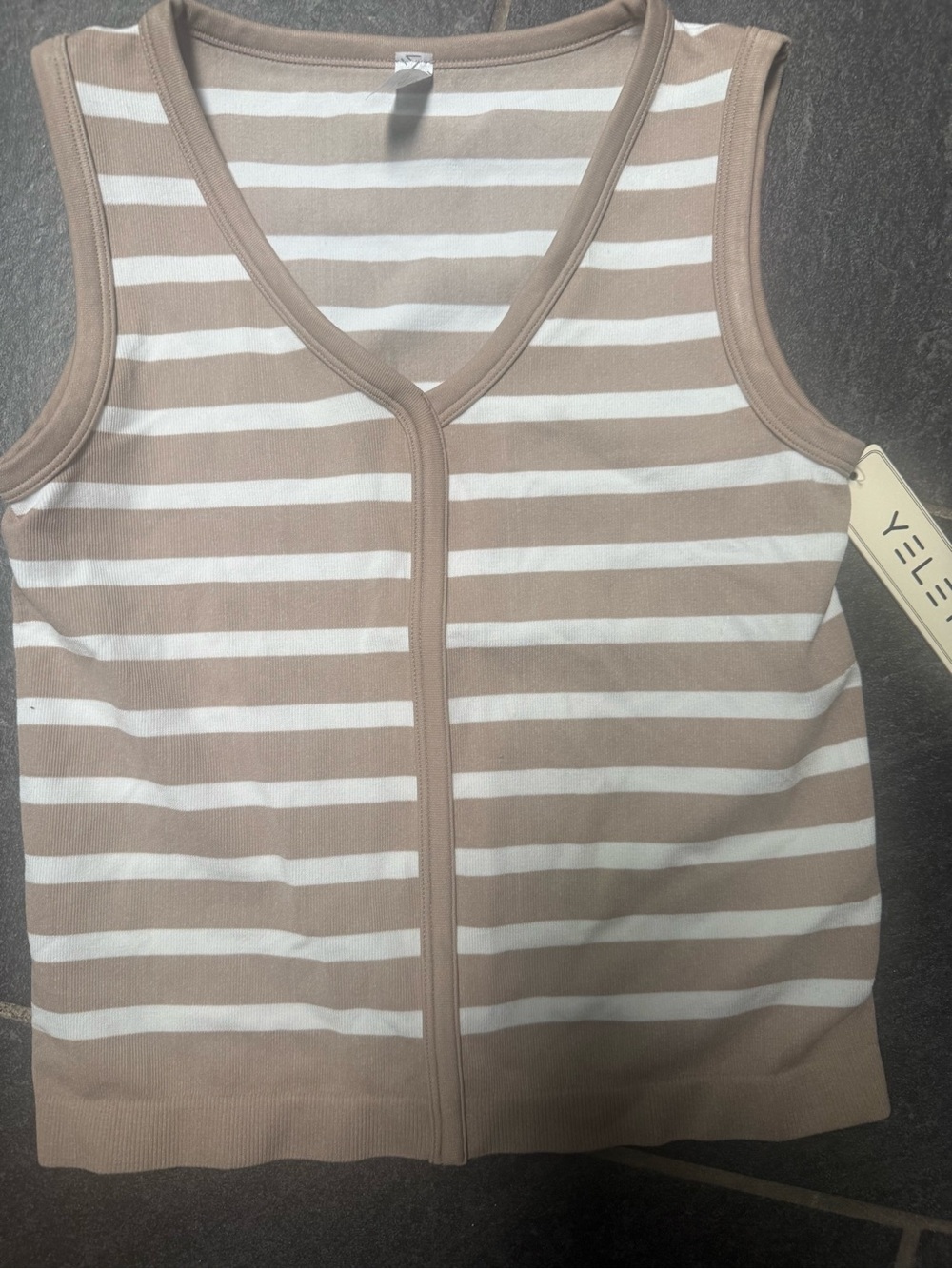 Yelete Beige and White Striped V-Neck Tank Top